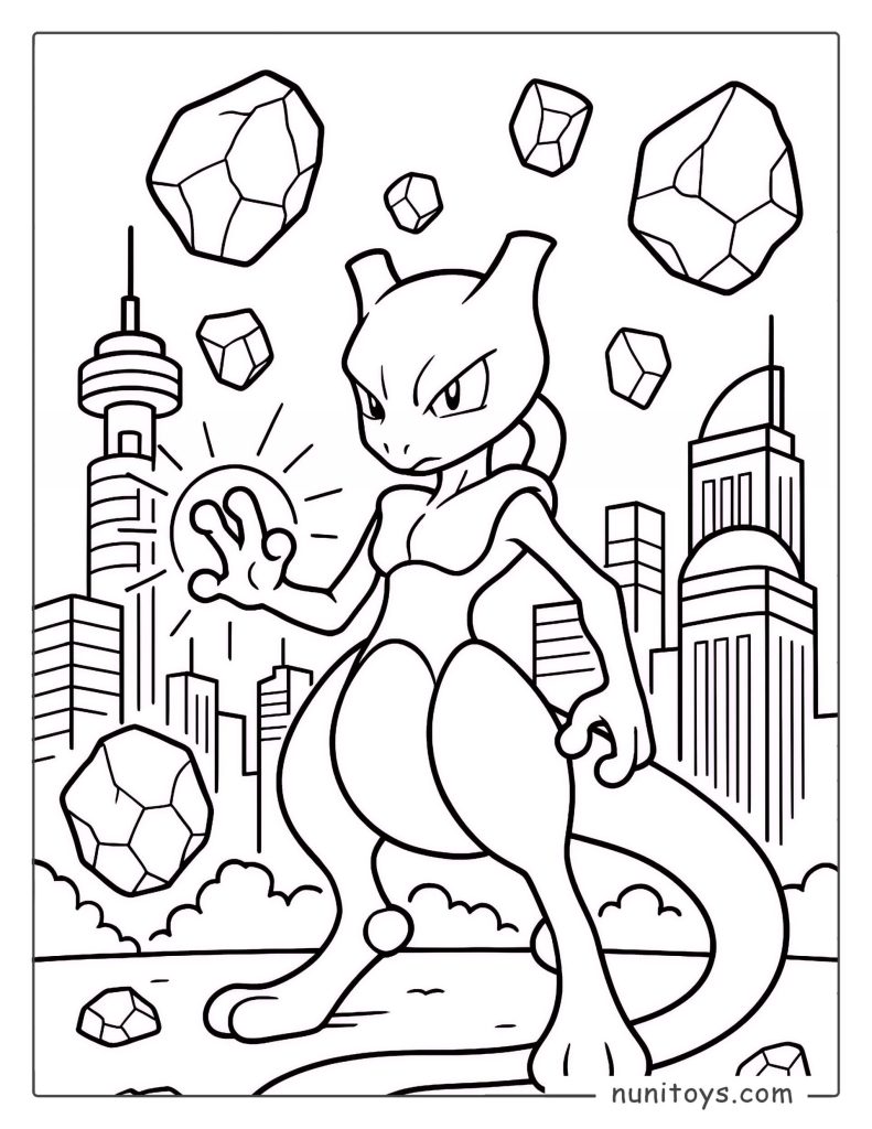 Mewtwo using psychic powers in a city coloring page