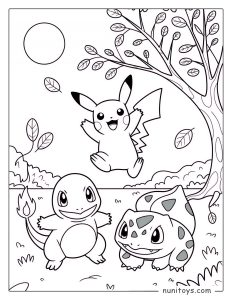 Pikachu Charmander Bulbasaur nature Pokémon coloring page