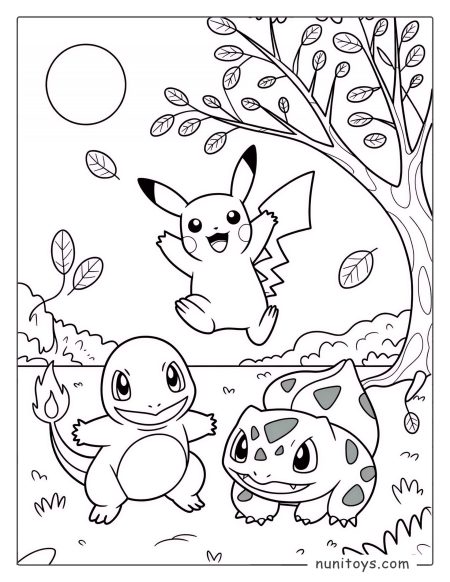Pikachu Charmander Bulbasaur nature Pokémon coloring page