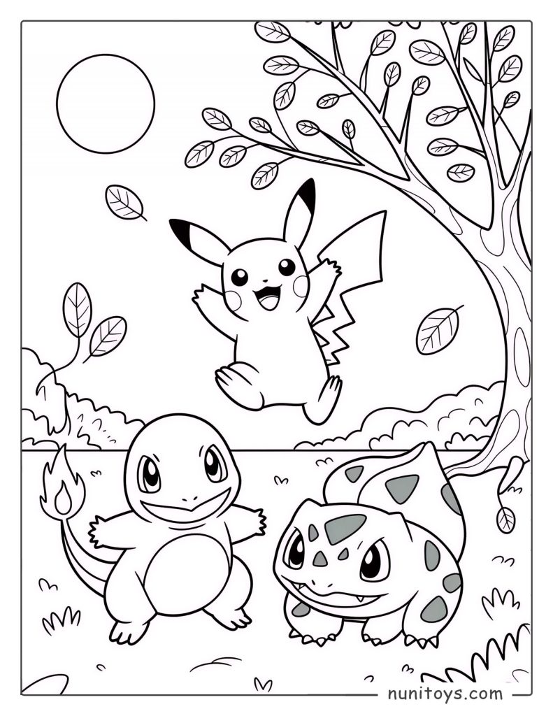 Pikachu Charmander Bulbasaur nature Pokémon coloring page