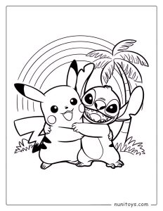 Pikachu and Stitch hugging tropical coloring page