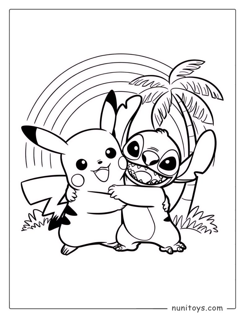 Pikachu and Stitch hugging tropical coloring page