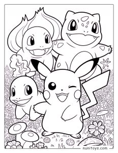 Pikachu and friends garden adventure Pokémon coloring page