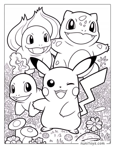 Pikachu and friends garden adventure Pokémon coloring page