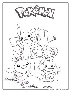 Pikachu and starter Pokémon friends coloring page