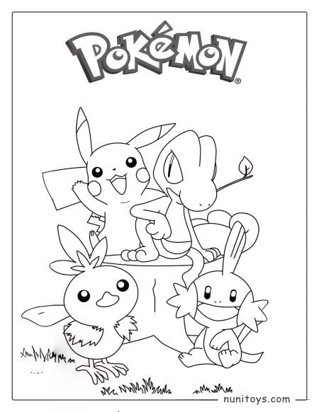 Pikachu and starter Pokémon friends coloring page