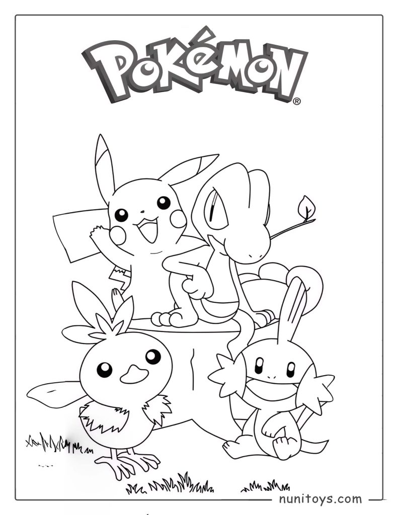 Pikachu and starter Pokémon friends coloring page