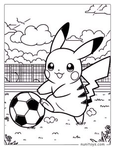 Pikachu playing soccer on a field coloring page