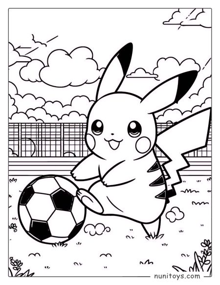 Pikachu playing soccer on a field coloring page
