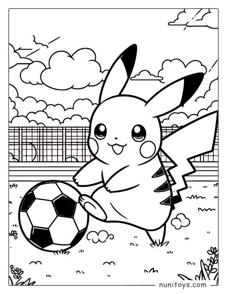 Pikachu playing soccer on a field coloring page