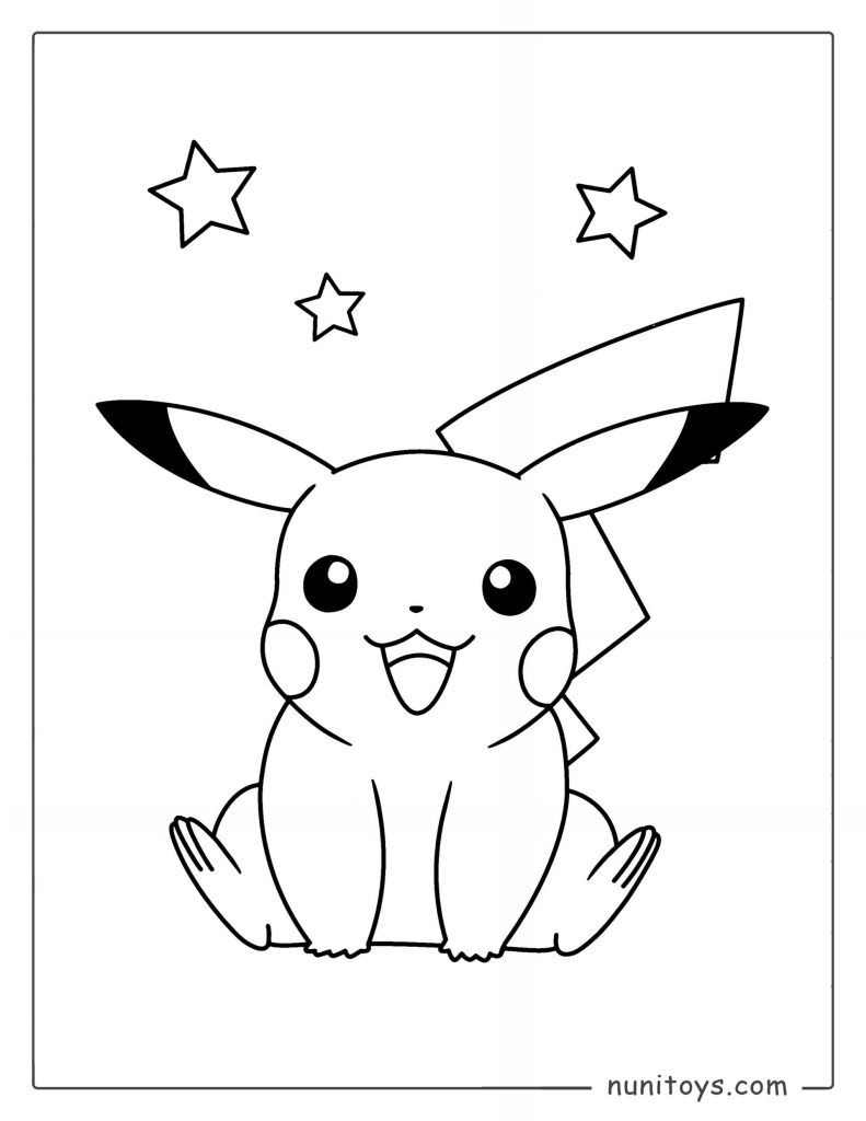 Cute Pikachu sitting under stars Pokémon coloring page