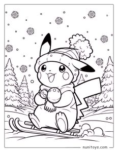 Pikachu sledding in the snow winter coloring page