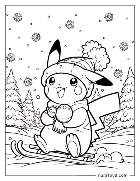 Pikachu sledding in the snow winter coloring page