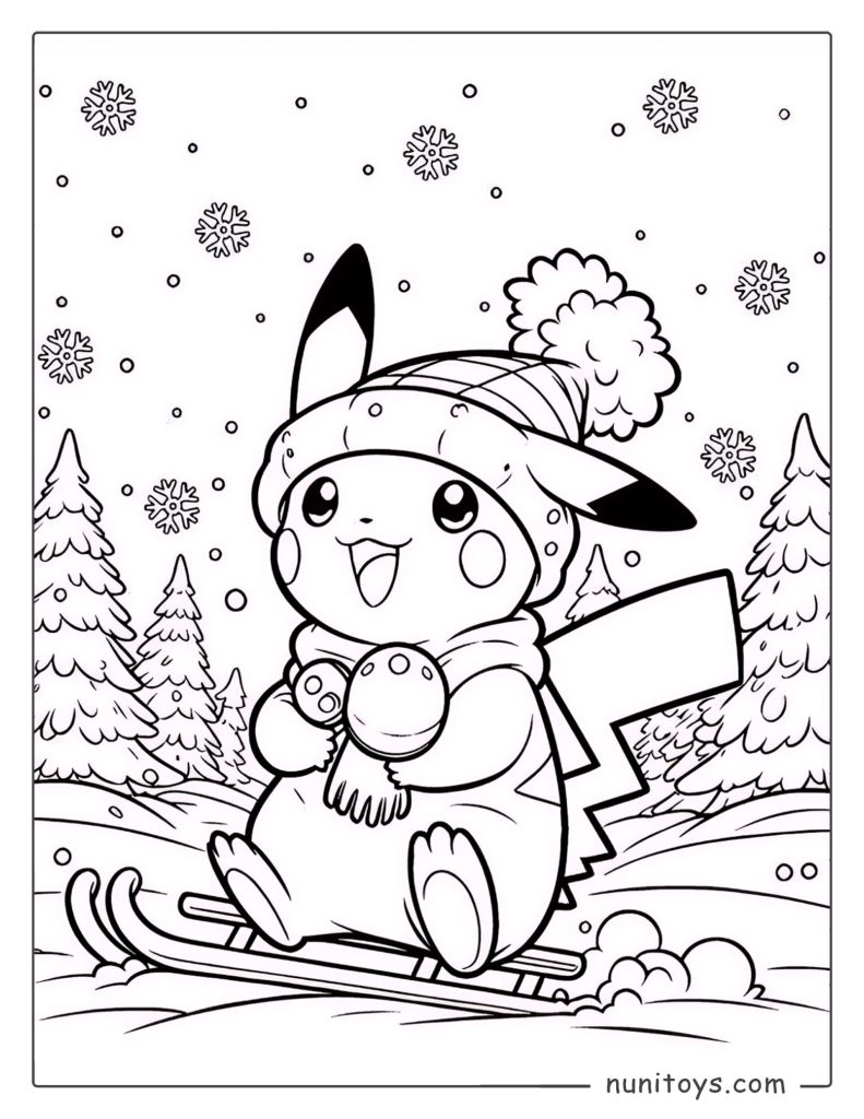Pikachu sledding in the snow winter coloring page