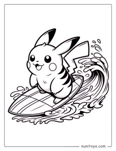 Pikachu surfing on a wave coloring page