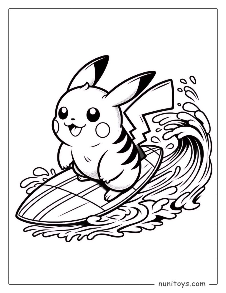 Pikachu surfing on a wave coloring page