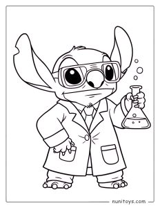 סטיץ׳ מדען במעבדה דף צביעה לילדים עם מבחנה