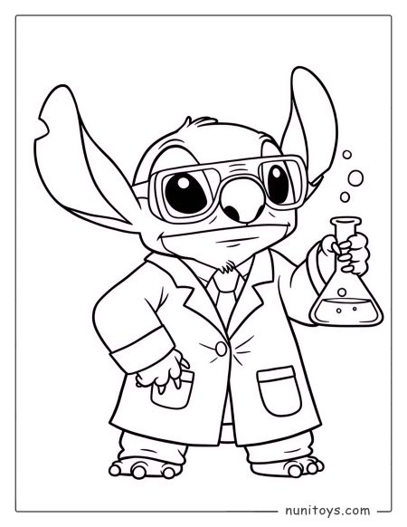 סטיץ׳ מדען במעבדה דף צביעה לילדים עם מבחנה