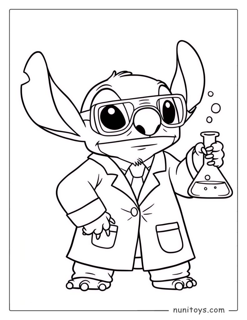 סטיץ׳ מדען במעבדה דף צביעה לילדים עם מבחנה