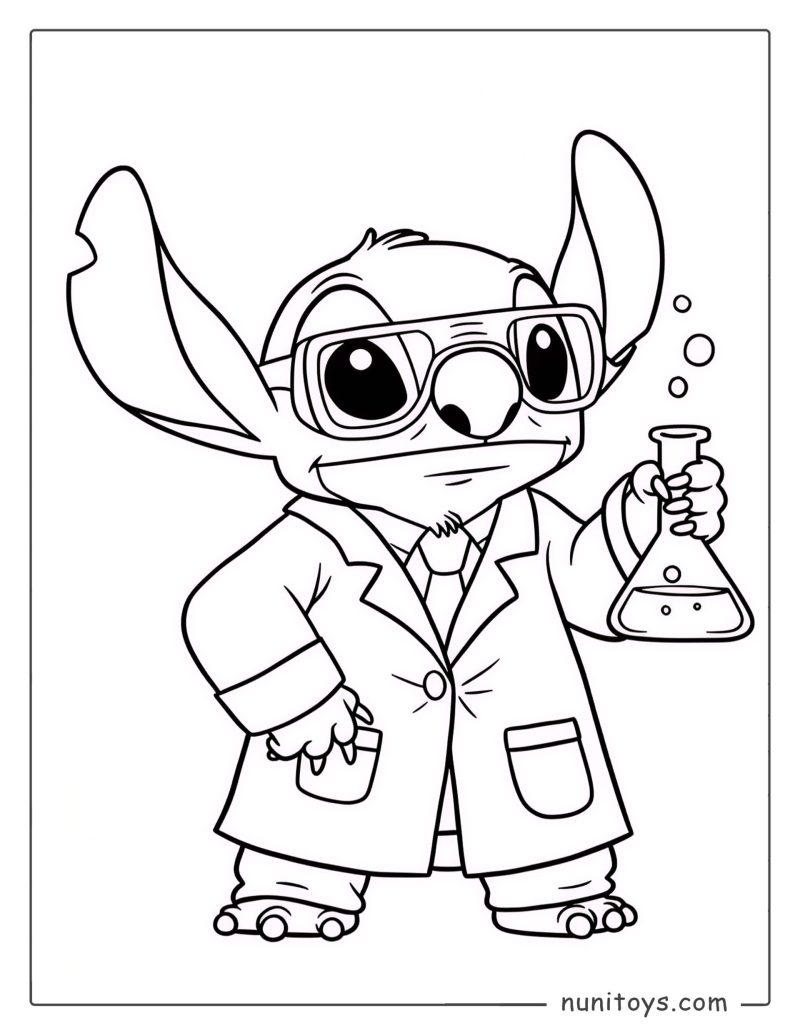 סטיץ׳ מדען במעבדה דף צביעה לילדים עם מבחנה