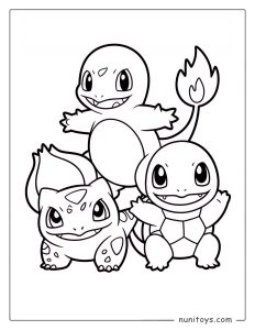 Starter Pokémon trio Charmander Squirtle Bulbasaur coloring page