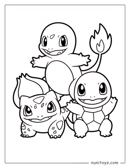 Starter Pokémon trio Charmander Squirtle Bulbasaur coloring page