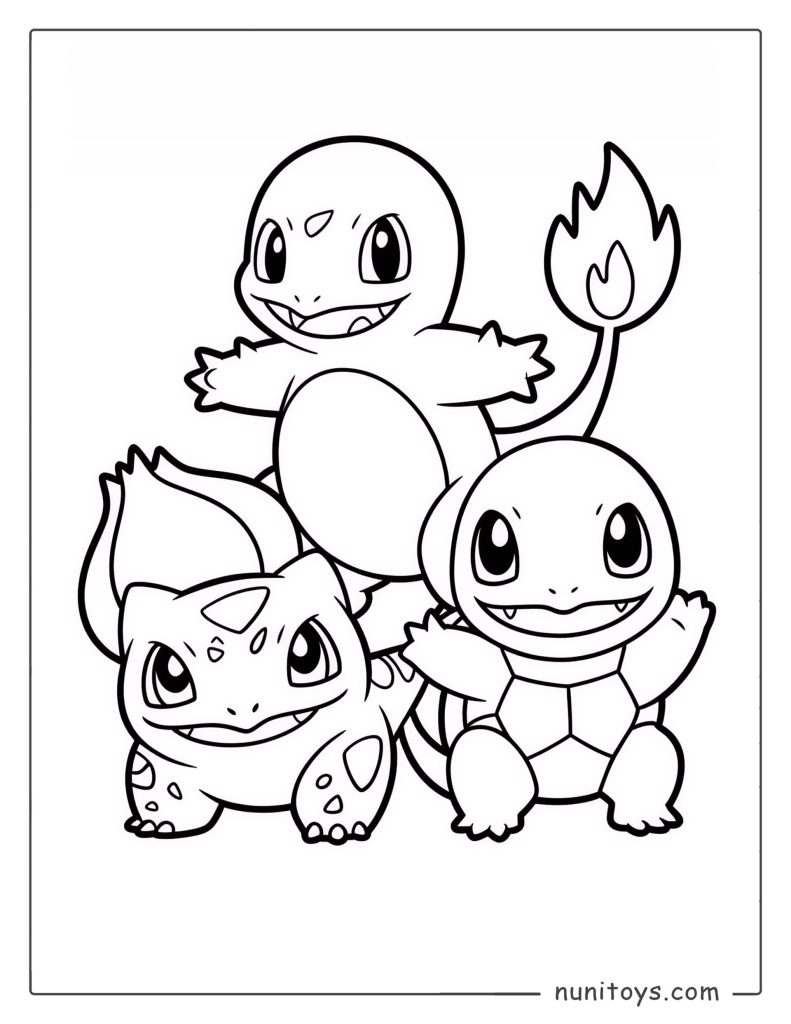 Starter Pokémon trio Charmander Squirtle Bulbasaur coloring page