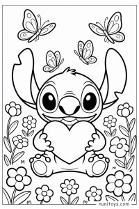 Stitch Holding a Heart with Flowers and Butterflies Coloring Page