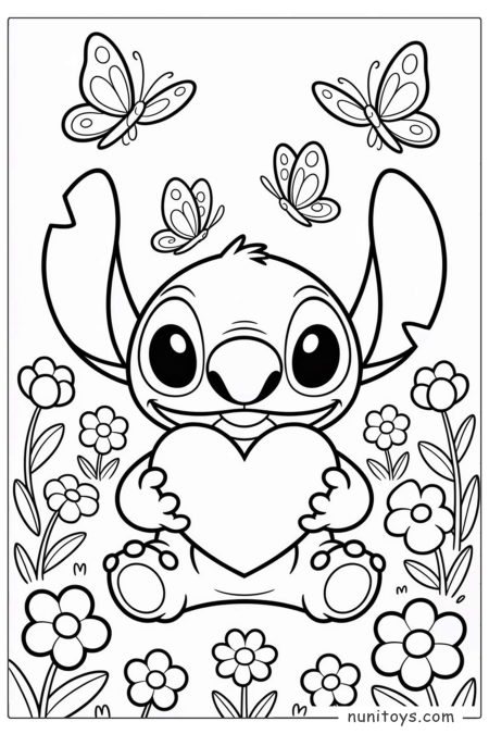 Stitch Holding a Heart with Flowers and Butterflies Coloring Page