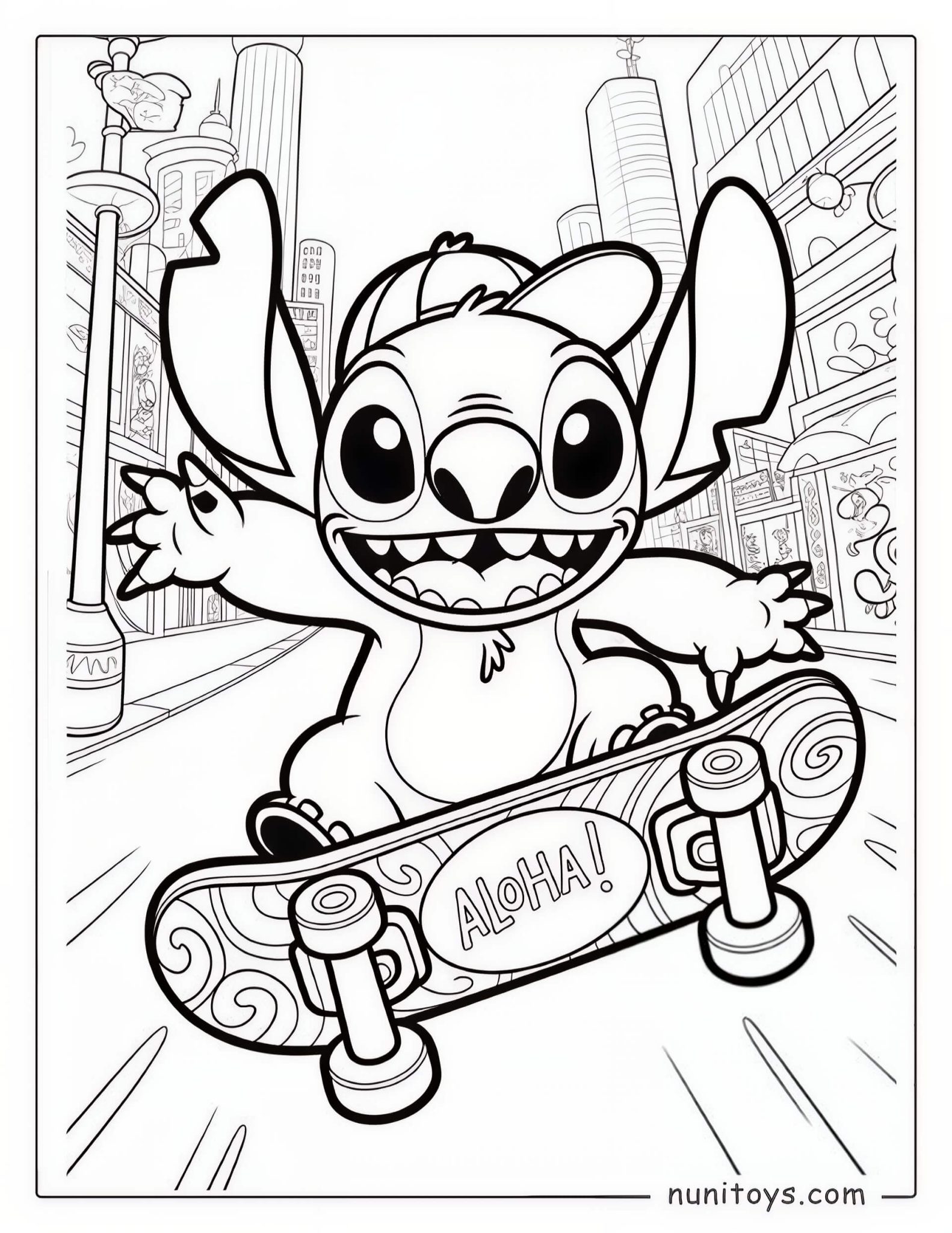Stitch Riding a Skateboard Coloring Page - Free PDF Download