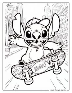 Coloriage Stitch qui fait du skateboard