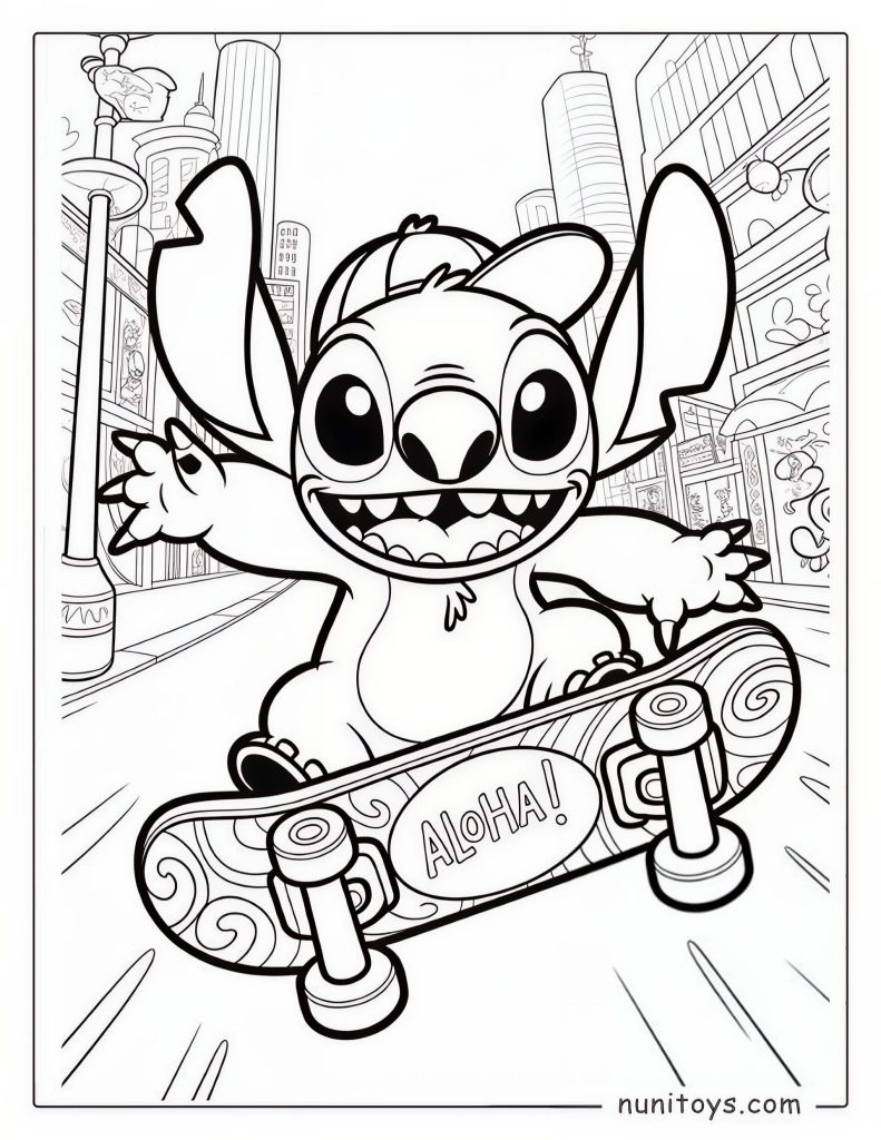 Coloriage Stitch qui fait du skateboard