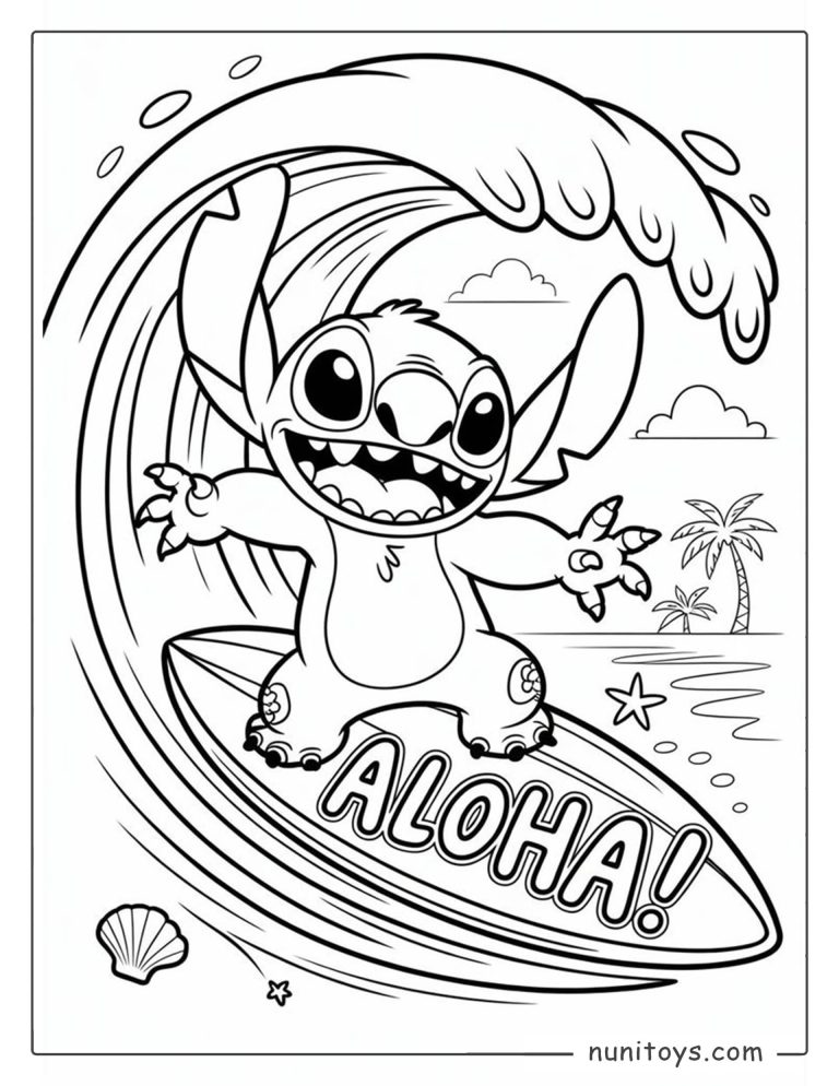 Coloriage Stitch faisant du surf