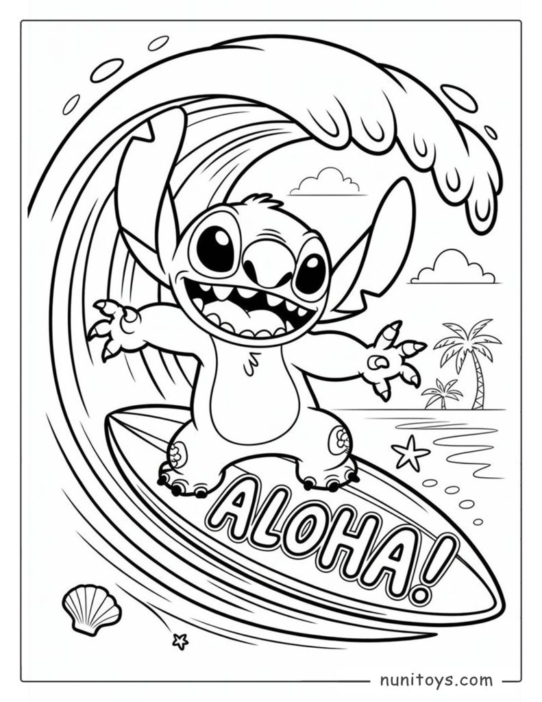Stitch Surfing Coloring Page