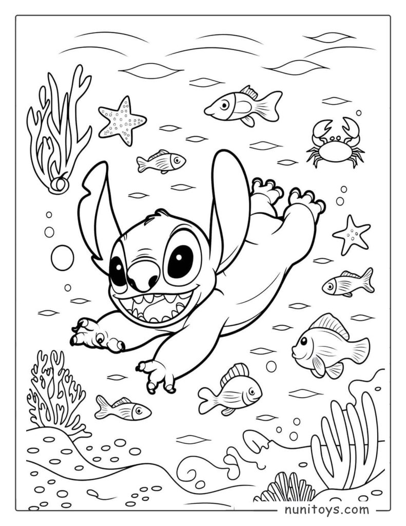 Page de coloriage Stitch nageant dans l’océan