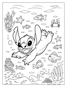 Stitch Swimming in the Ocean Coloring Page