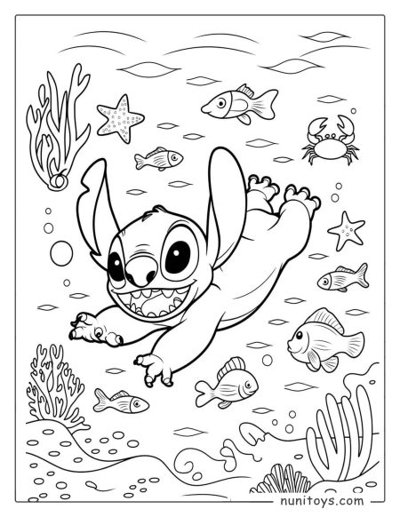 Stitch Swimming in the Ocean Coloring Page