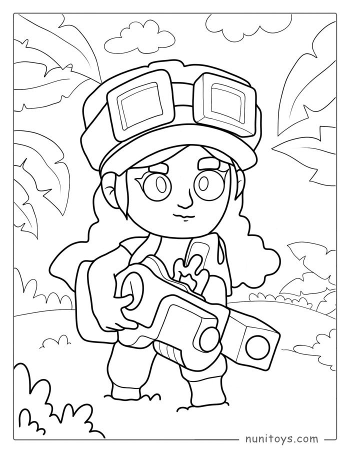 Kawaii-Jessie Carrying Her Gun Brawl Stars Coloring Page