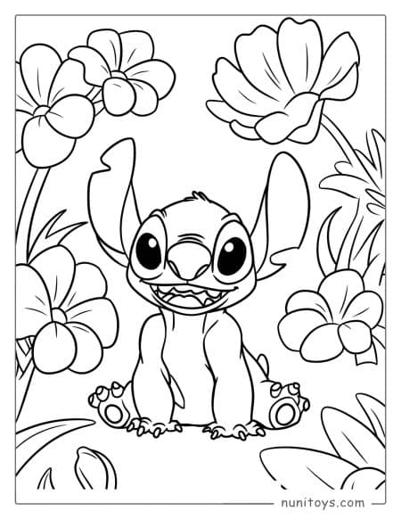 Stitch in a Flower Garden Coloring Page
