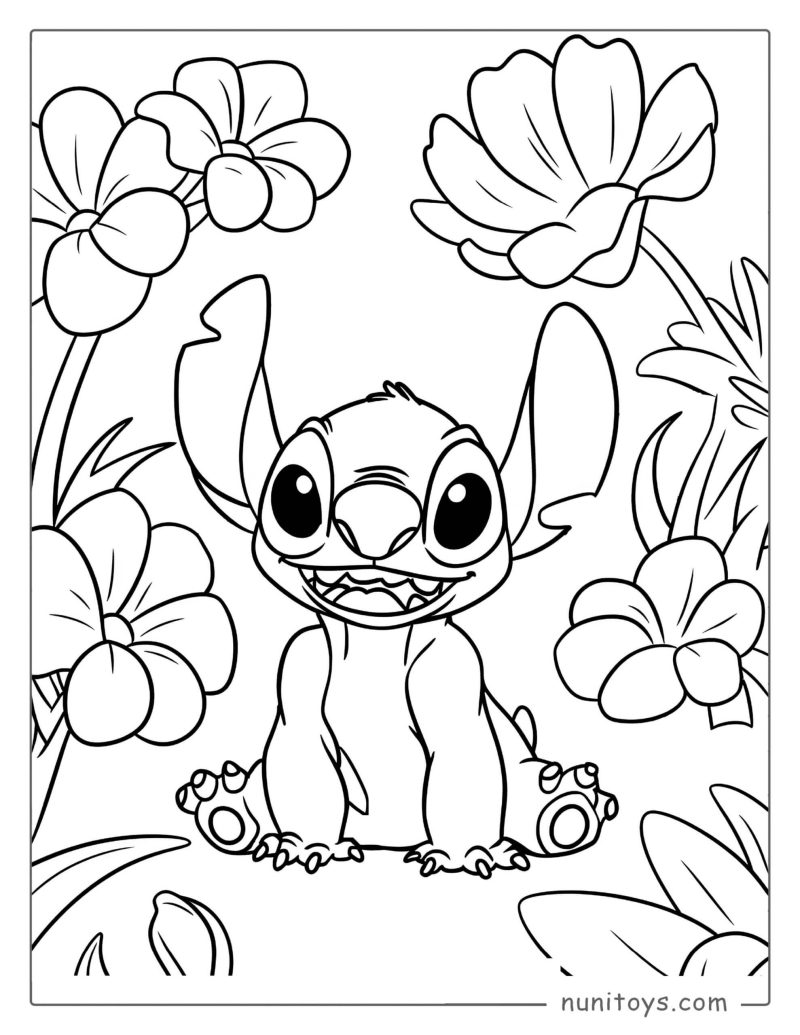 Stitch in a Flower Garden Coloring Page