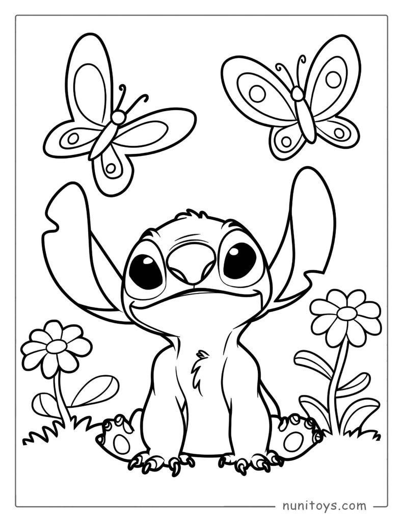 Stitch with Butterflies Coloring Page