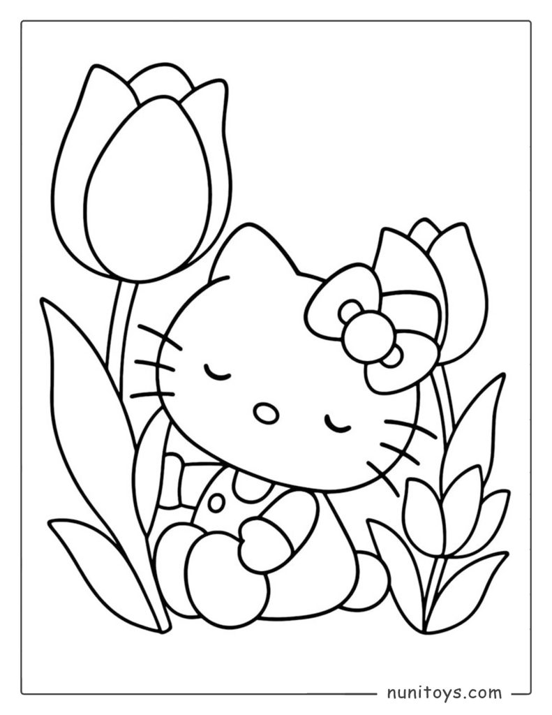 Coloring page of Hello Kitty sitting peacefully among flowers