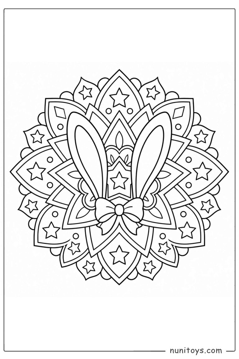 Coloriage oreilles de lapin avec nœud dans un mandala étoilé