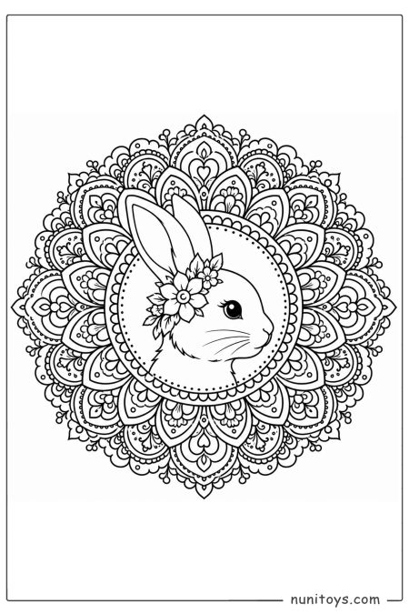 Bunny Profile with Flower Crown Mandala Coloring Illustration