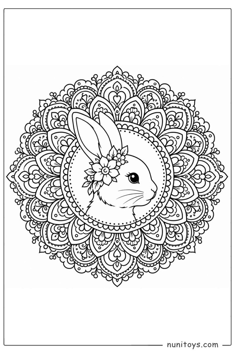 Coloriage lapin fleuri au centre d’un mandala très détaillé