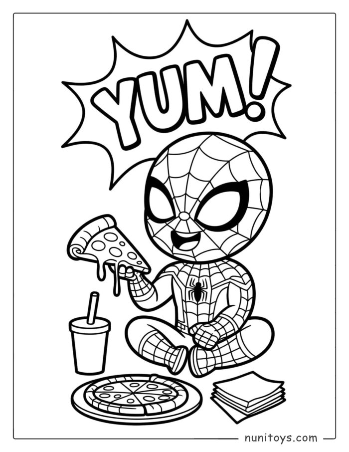 Chibi Spiderman eating Pizza Coloring Page