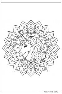 Coloring Page of a Unicorn Head with Floral Mandala