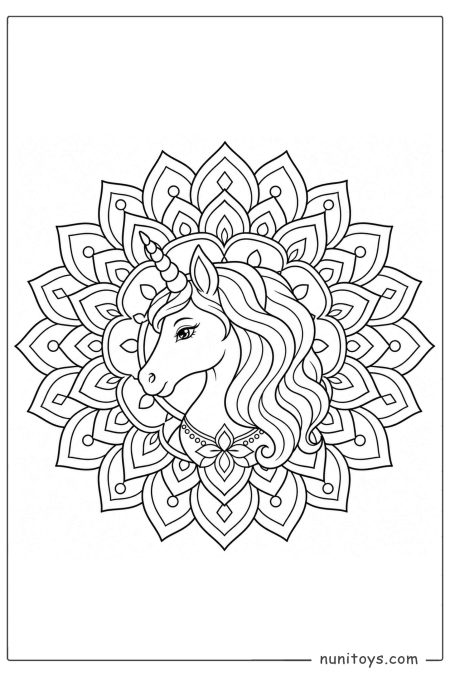 Coloring Page of a Unicorn Head with Floral Mandala