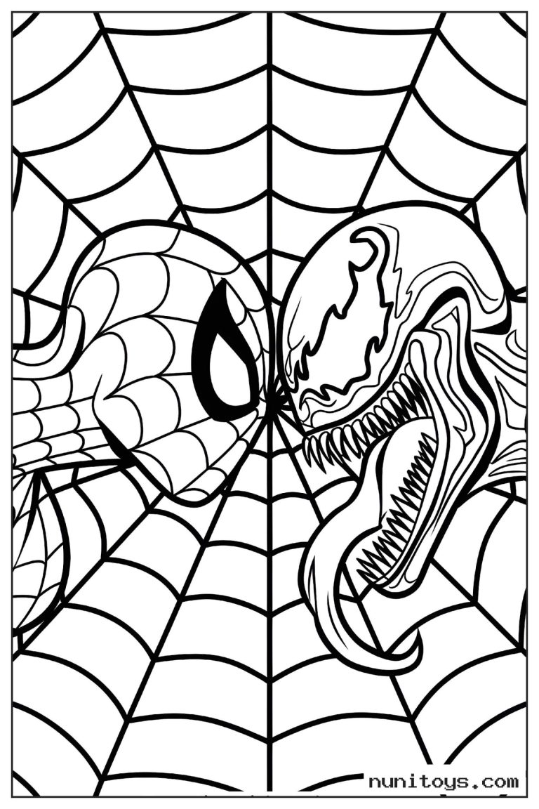 Coloriage Spiderman face à Venom devant une grande toile