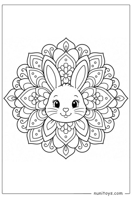 Cute Bunny Face Floral Mandala Coloring Illustration